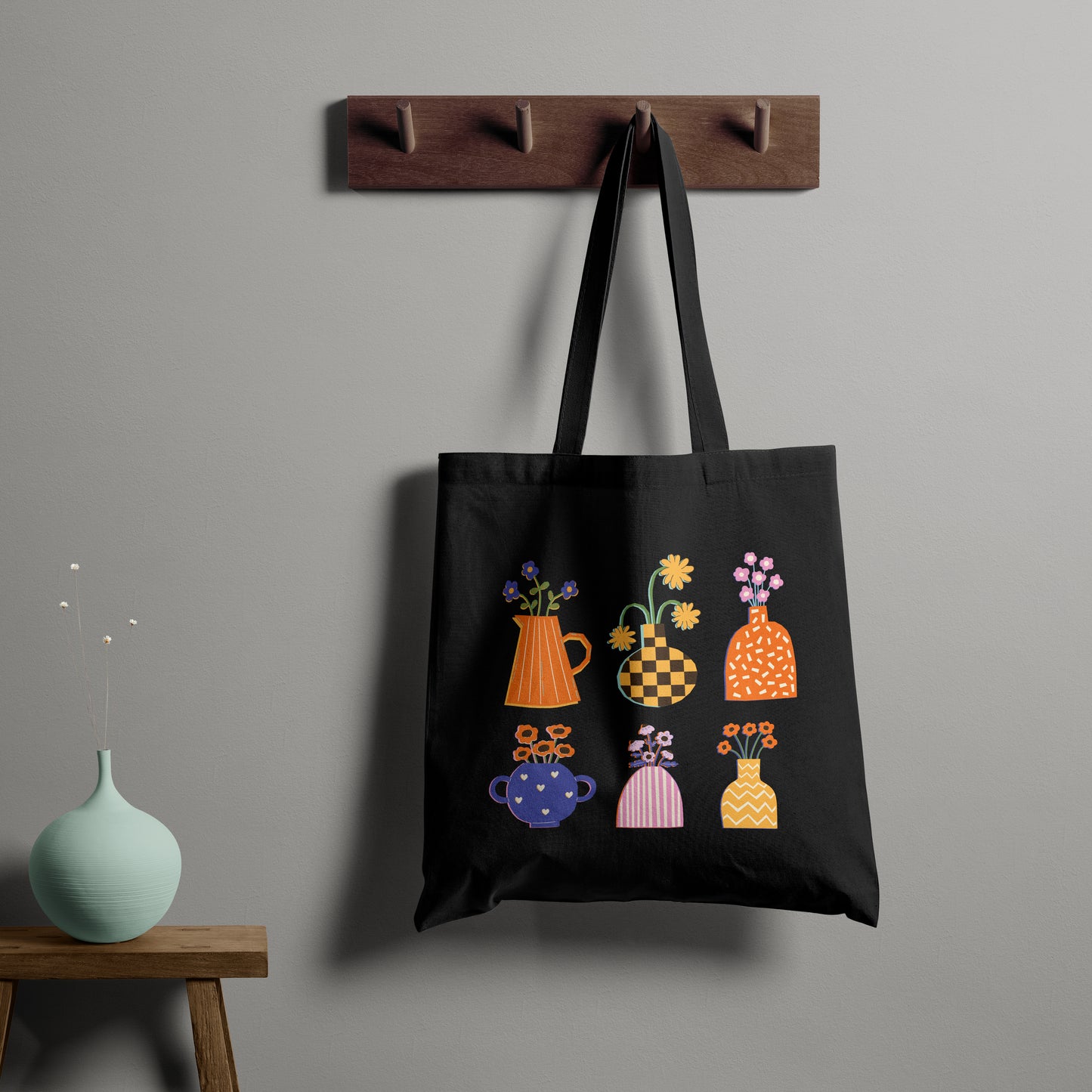 flower vase trendy tote - black