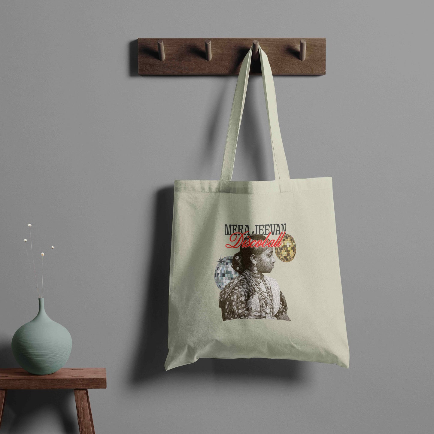 mera jeevan discoball trendy tote - beige